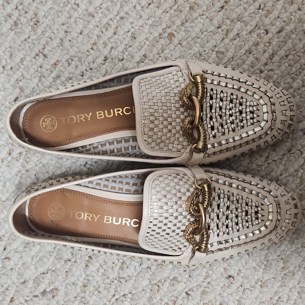 Tory Burch Cream and Gold Flats with Woven Design